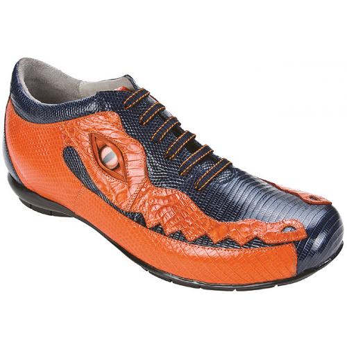 Belvedere "Corona" Navy / Orange Genuine Crocodile/Lizard Sneakers With Eyes 2801